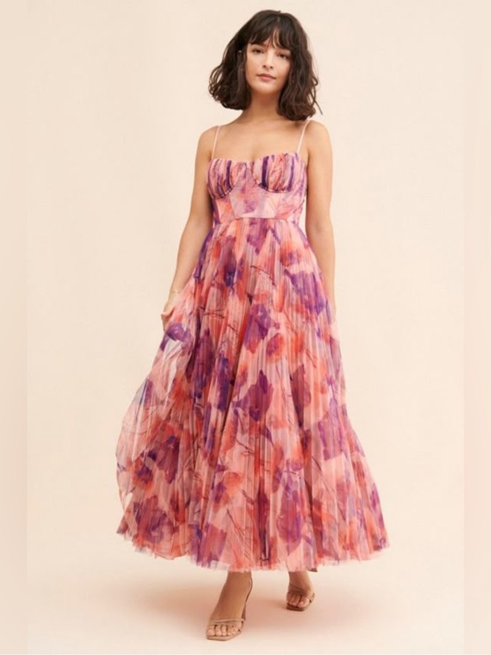 Hutch Amara Corset Pleated Tulle Fit & Flare Midi Dress Printed Pink Size 0